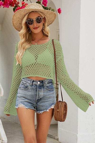 Openwork Round Neck Dropped Shoulder Knit Top - Trendsi - Flyclothing LLC