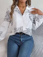 Letter Printed Button Up Long Sleeve Blouse - Trendsi