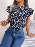 Floral Tie Neck Flutter Sleeve Blouse - Trendsi