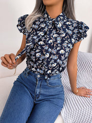 Floral Tie Neck Flutter Sleeve Blouse - Trendsi