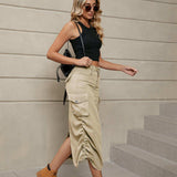 Drawstring Ruched Slit Denim Midi Skirt - Trendsi - Flyclothing LLC