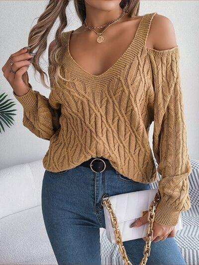 Cable-Knit Cold Shoulder Long Sleeve Sweater - Trendsi - Flyclothing LLC