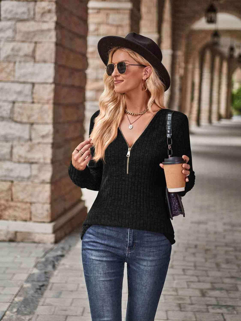 Half-Zip V-Neck Long Sleeve Top - Trendsi - Flyclothing LLC