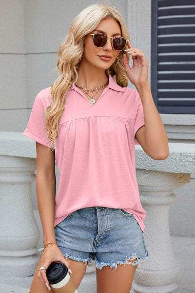 Ruched Johnny Collar Short Sleeve Blouse - Trendsi - Flyclothing LLC