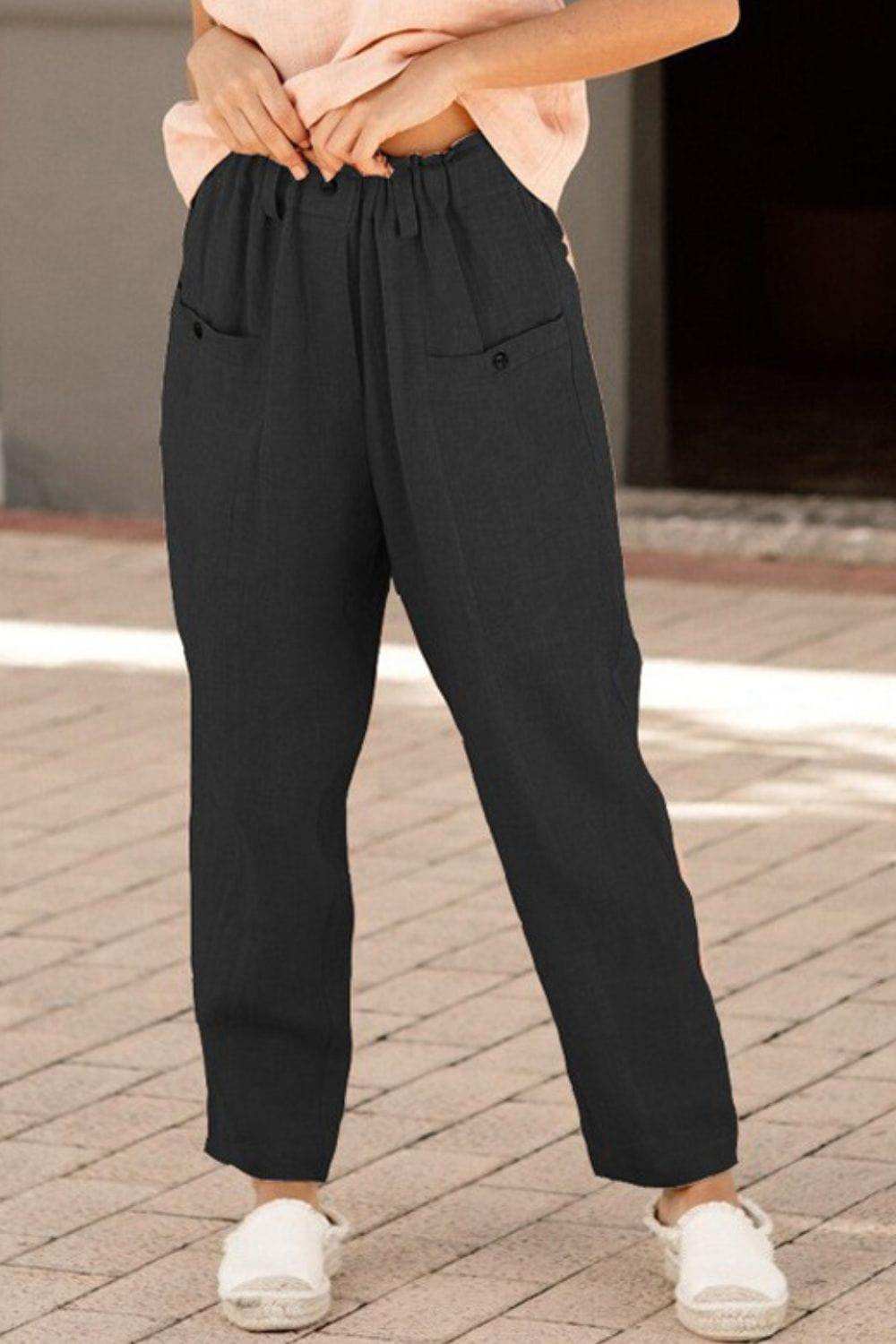 Button Detail Elastic Waist Pocket Pants - Trendsi