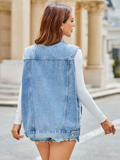 Pocketed Button Up Sleeveless Denim Jacket - Trendsi - Flyclothing LLC