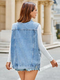 Pocketed Button Up Sleeveless Denim Jacket - Trendsi