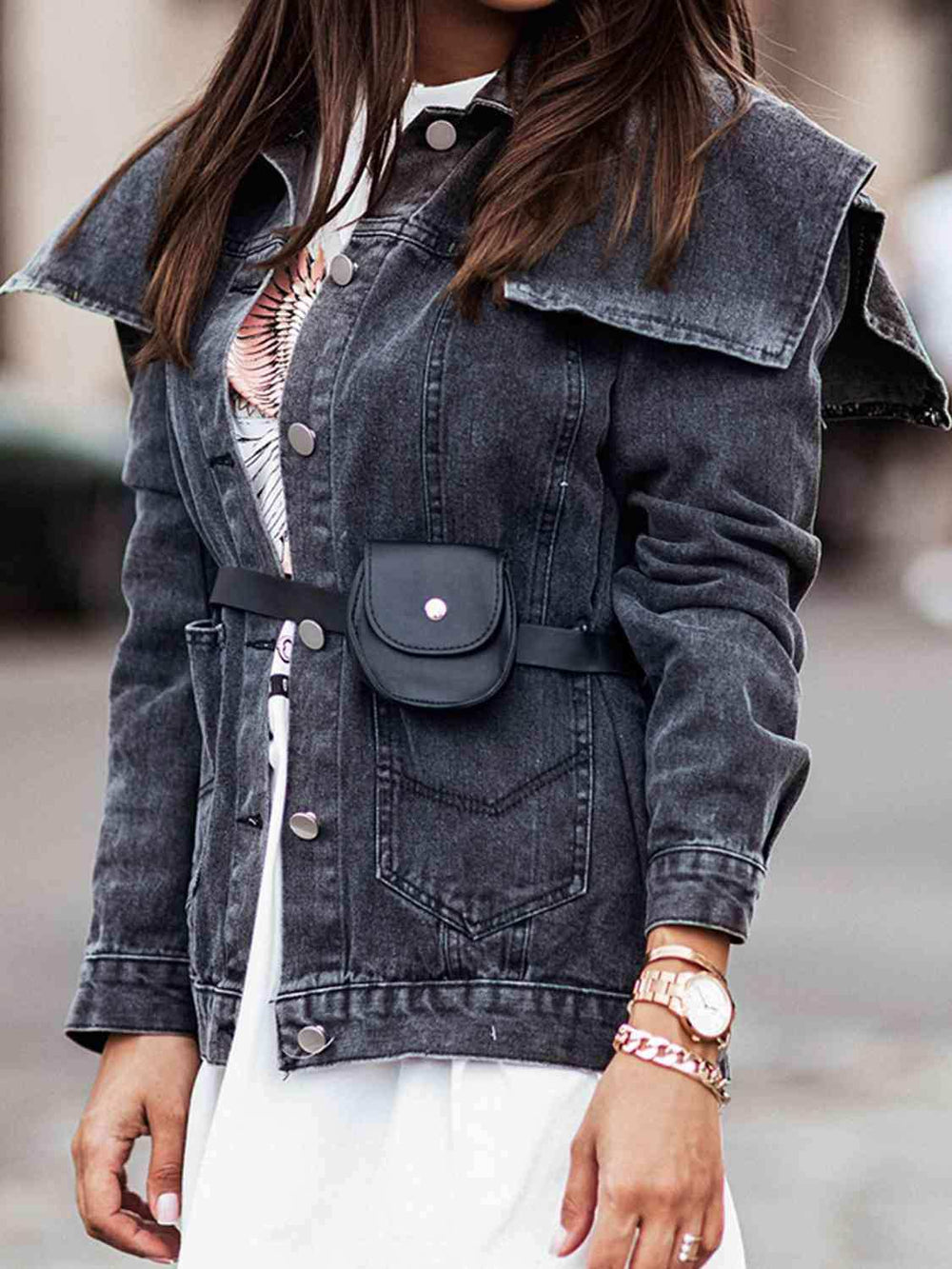 Collared Neck Button Down Denim Jacket - Trendsi - Flyclothing LLC