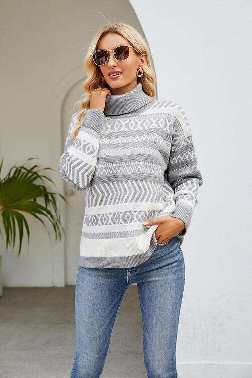 Geometric Turtleneck Long Sleeve Sweater - Trendsi - Flyclothing LLC