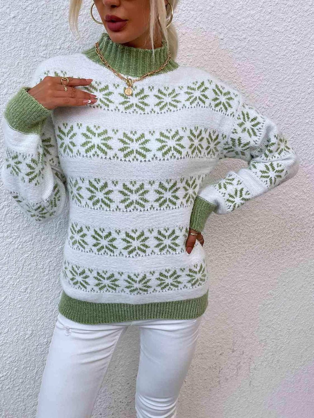 Snowflake Pattern Mock Neck Sweater - Trendsi - Flyclothing LLC