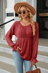 Round Neck Flounce Sleeve Blouse - Trendsi