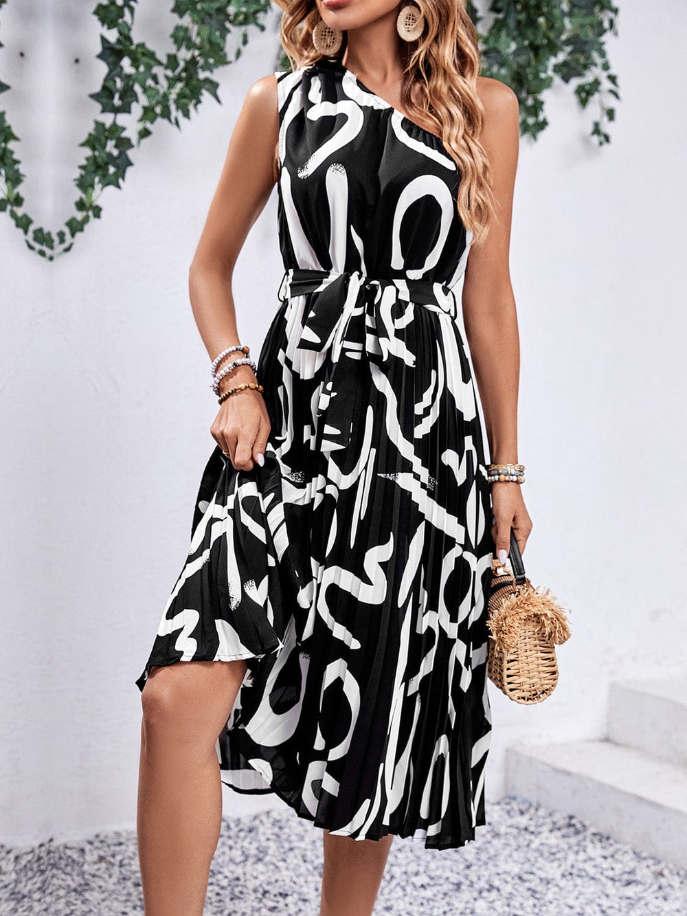 Printed Single Shoulder Tie Waist Dress - Trendsi