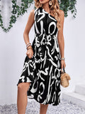 Printed Single Shoulder Tie Waist Dress - Trendsi