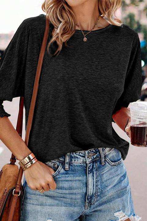 Round Neck Three-Quarter Sleeve Top - Trendsi - Flyclothing LLC