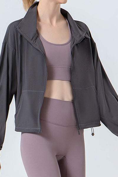 Drawstring Zip Up Dropped Shoulder Active Outerwear - Trendsi - Flyclothing LLC