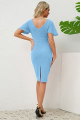 Slit Round Neck Flutter Sleeve Dress - Flyclothing LLC