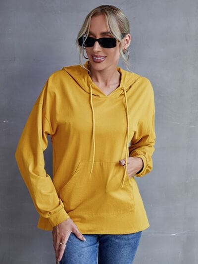 Drawstring Pocketed Dropped Shoulder Hoodie - Trendsi
