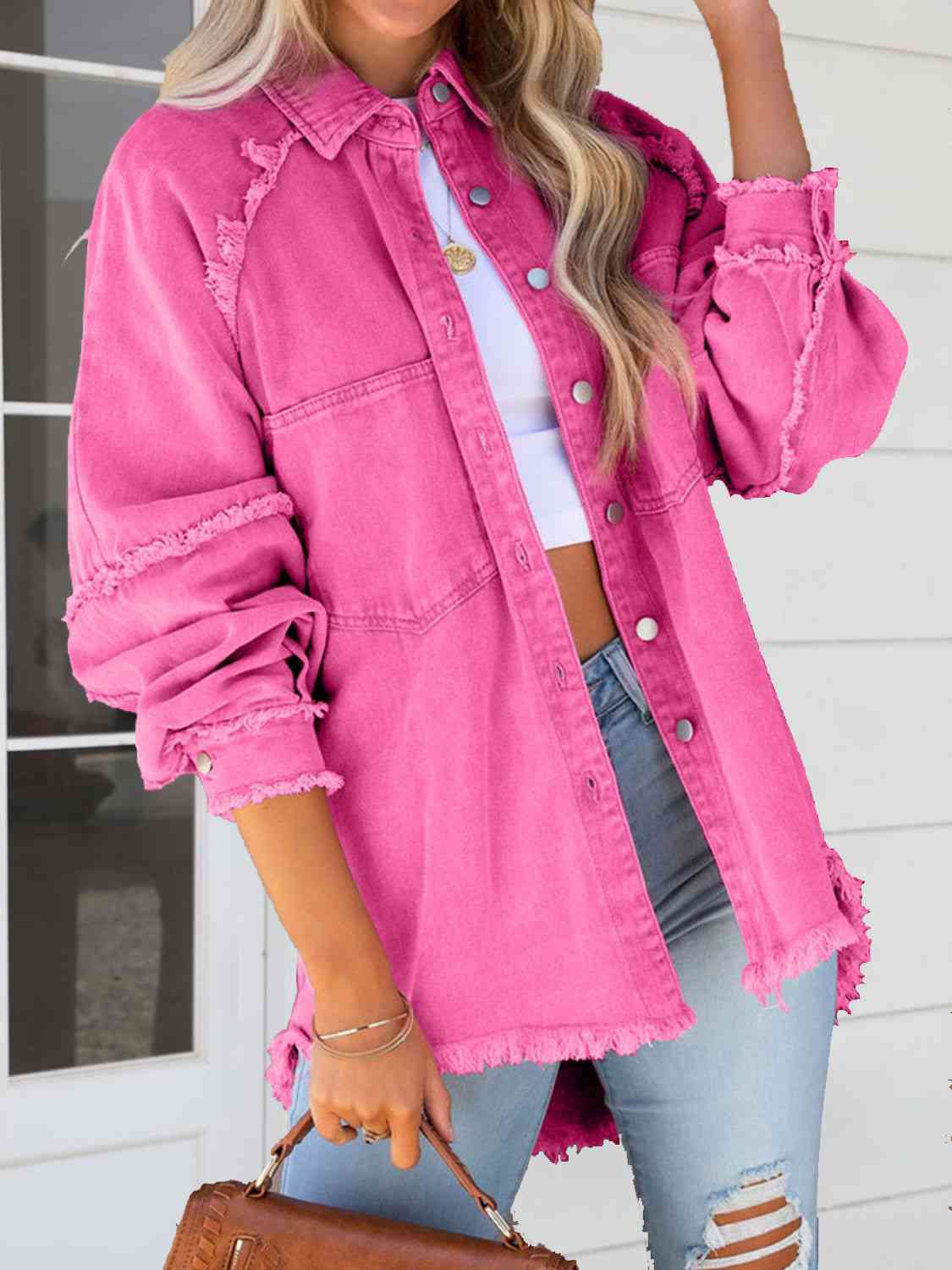 Button Down Raw Hem Denim Jacket - Trendsi - Flyclothing LLC