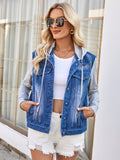 Pocketd Button Up Detachable Hooded Denim Jacket - Trendsi