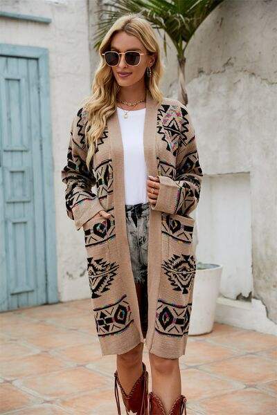 Pocketed Geometric Open Front Dropped Shoulder Cardigan - Trendsi - Flyclothing LLC
