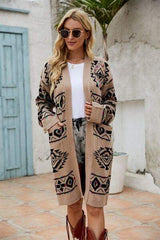 Pocketed Geometric Open Front Dropped Shoulder Cardigan - Trendsi - Flyclothing LLC