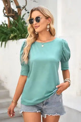 Round Neck Lantern Sleeve Blouse - Trendsi - Flyclothing LLC