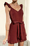 Tie Belt V-Neck Ruffled Romper - Trendsi - Flyclothing LLC