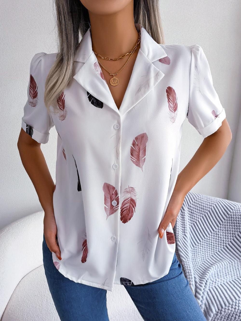 Feather Print Lapel Collar Puff Sleeve Shirt - Trendsi