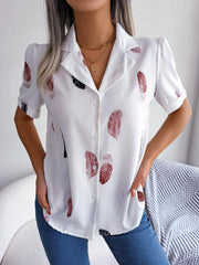 Feather Print Lapel Collar Puff Sleeve Shirt - Trendsi