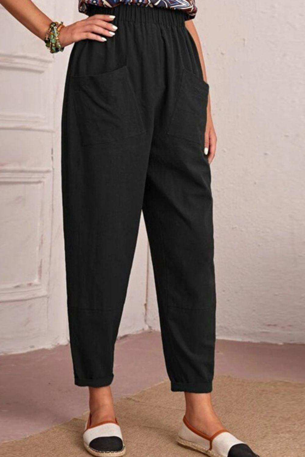 Elastic Waist Pocket Tapered Pants - Trendsi - Flyclothing LLC