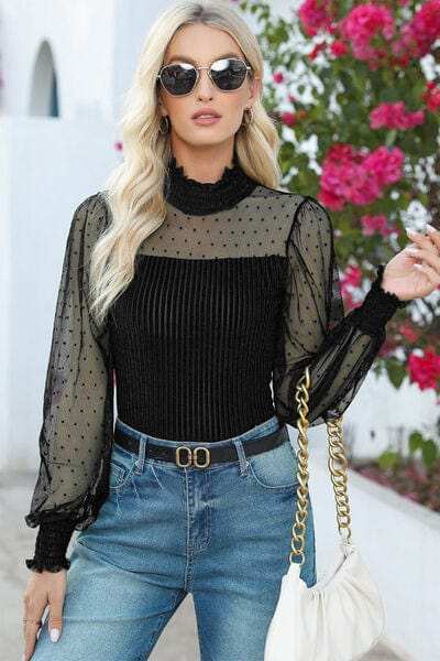 Mesh Long Sleeve Velvet Bodysuit - Trendsi - Flyclothing LLC