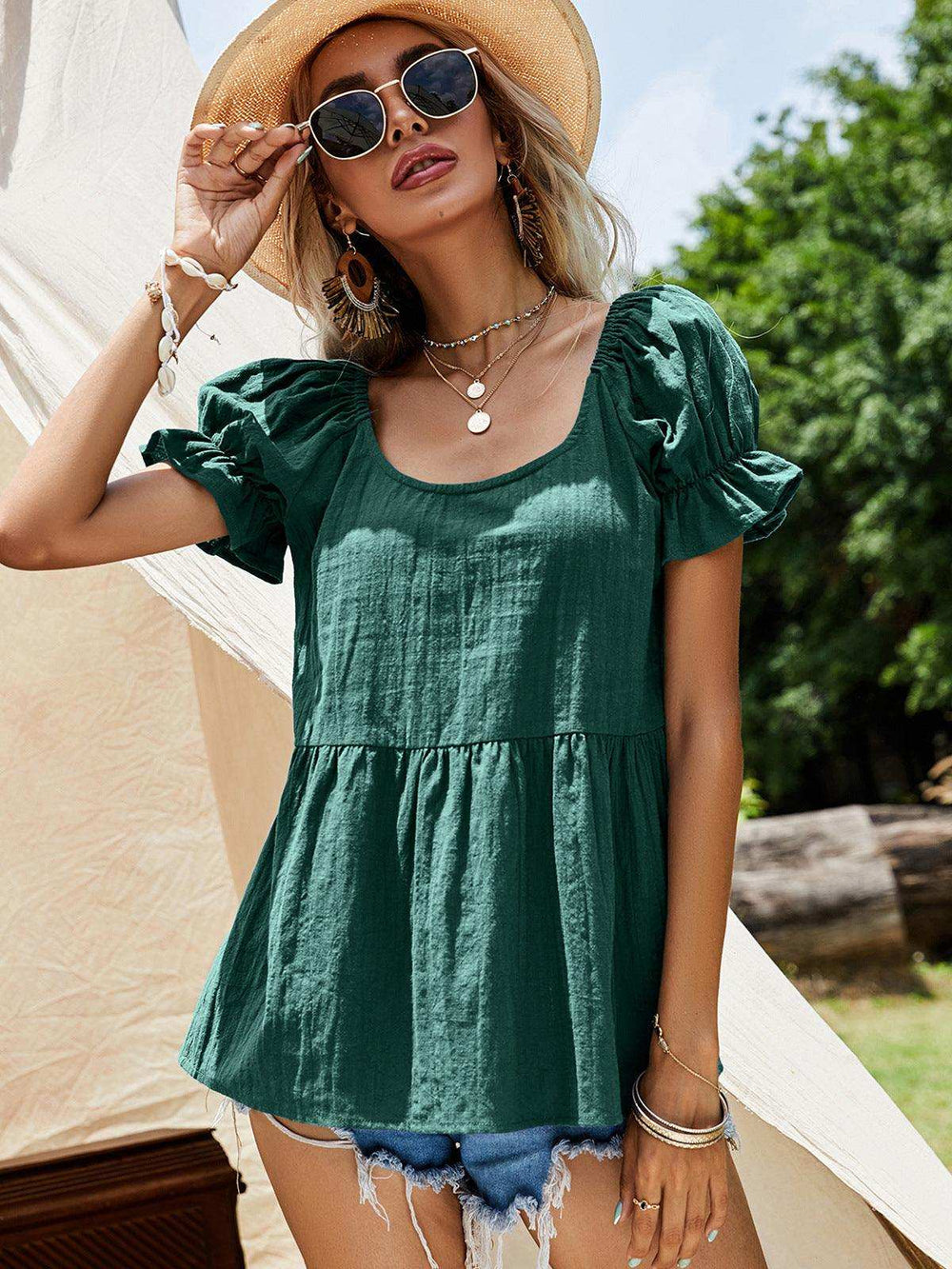 Scoop Neck Flounce Sleeve Blouse - Trendsi - Flyclothing LLC