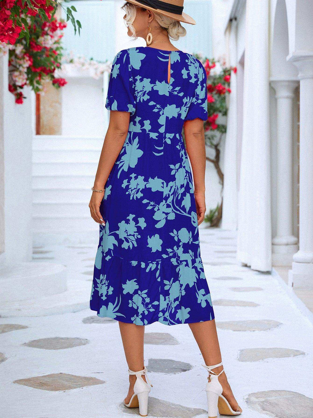 Floral Puff Sleeve Ruffle Hem Midi Dress - Trendsi - Flyclothing LLC