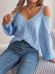 Cable-Knit Cold Shoulder Long Sleeve Sweater - Trendsi