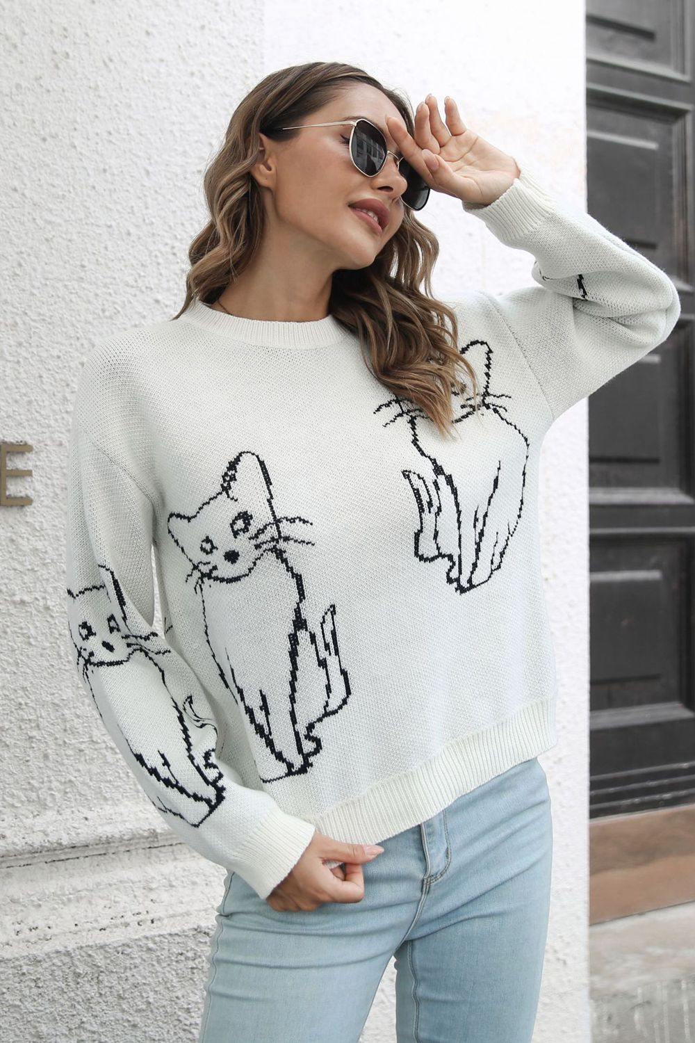 Cat Pattern Round Neck Long Sleeve Pullover Sweater - Trendsi