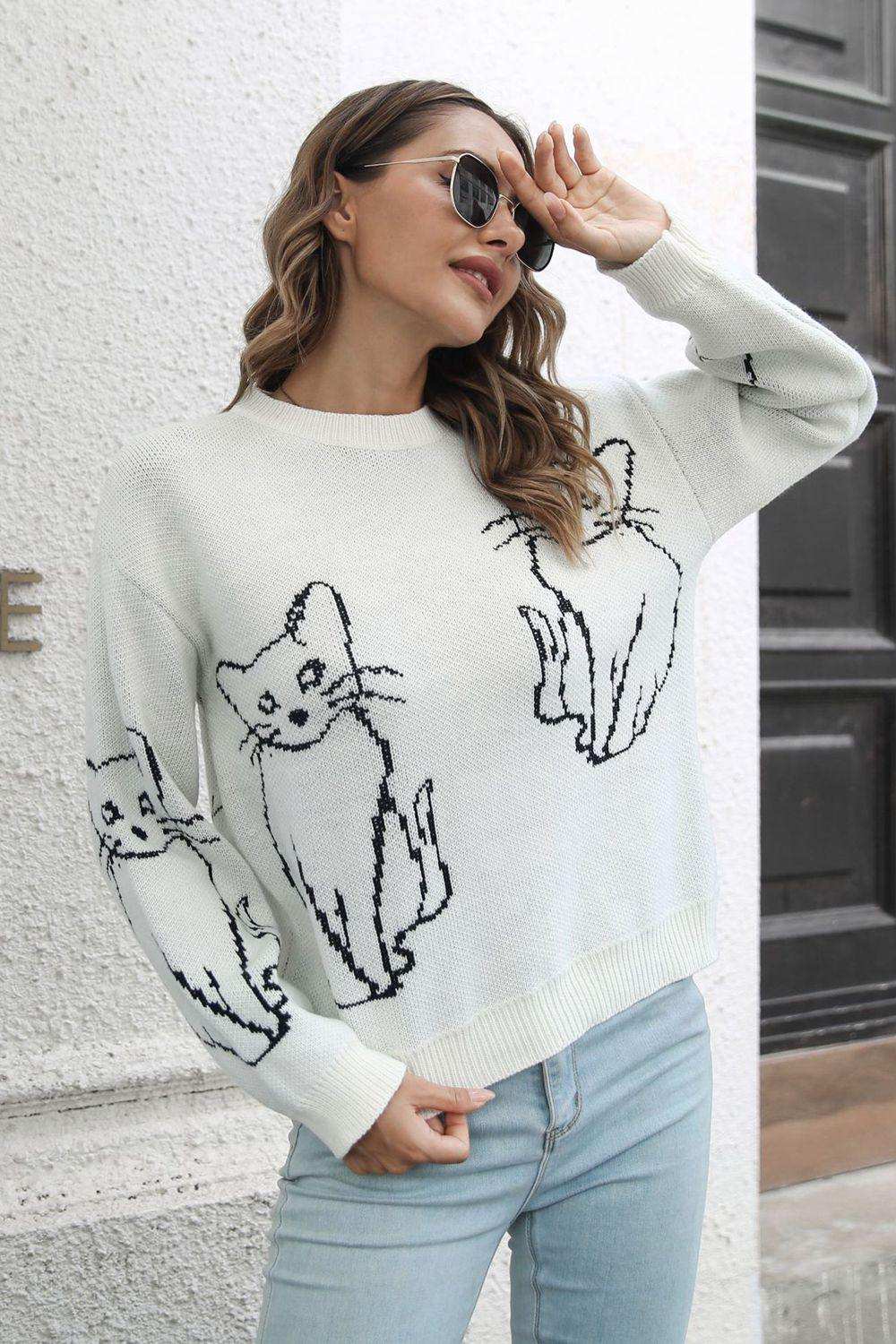 Cat Pattern Round Neck Long Sleeve Pullover Sweater - Trendsi - Flyclothing LLC