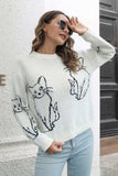 Cat Pattern Round Neck Long Sleeve Pullover Sweater - Trendsi - Flyclothing LLC