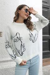 Cat Pattern Round Neck Long Sleeve Pullover Sweater - Trendsi
