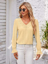 Applique V-Neck Flounce Sleeve T-Shirt - Trendsi - Flyclothing LLC