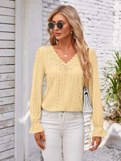 Applique V-Neck Flounce Sleeve T-Shirt - Trendsi - Flyclothing LLC