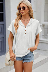 Eyelet Drawstring Hooded Short Sleeve Blouse - Trendsi - Flyclothing LLC