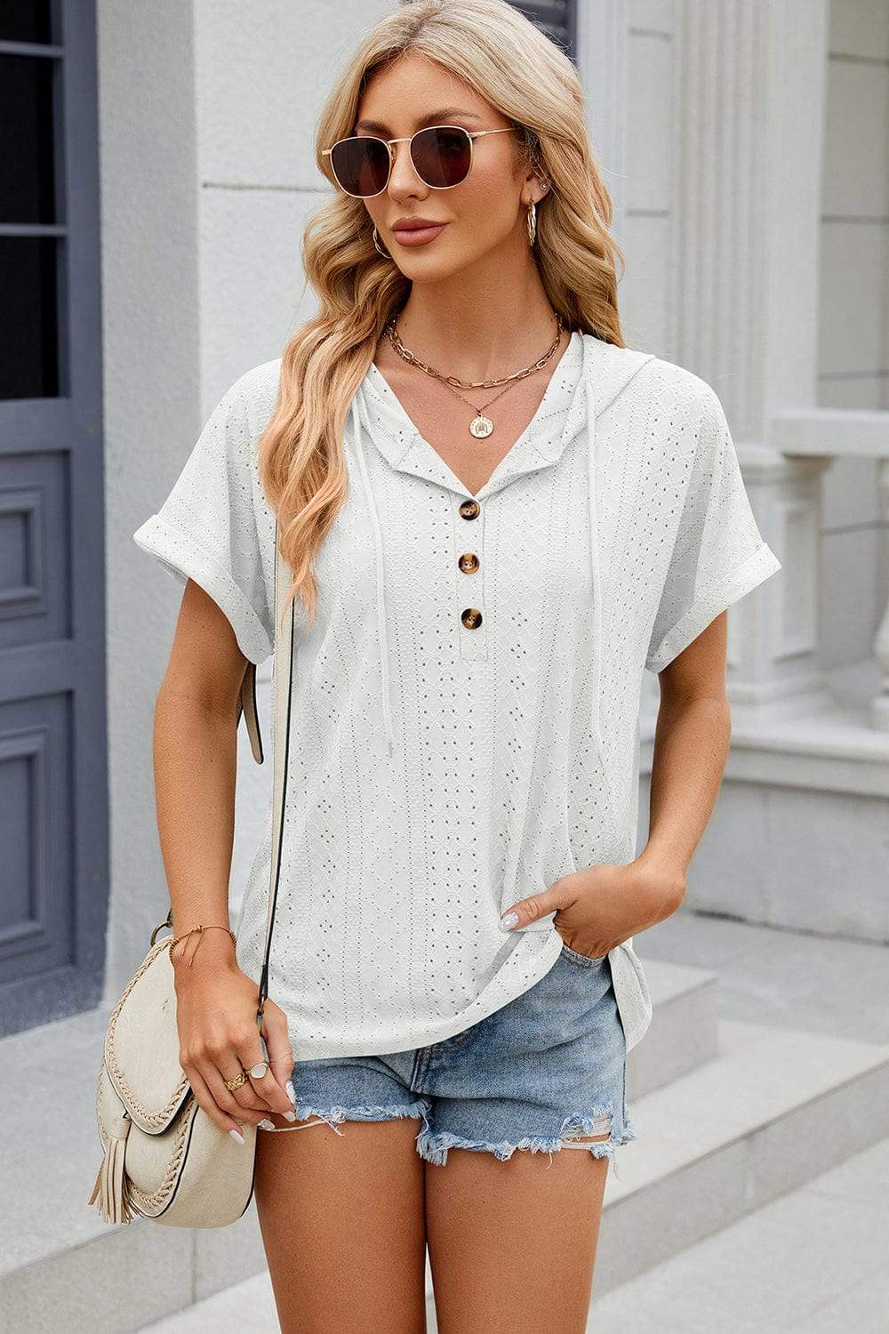 Eyelet Drawstring Hooded Short Sleeve Blouse - Trendsi - Flyclothing LLC