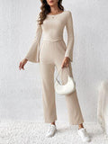 Ribbed Flare Sleeve Top and Pants Set - Trendsi