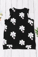Printed Side Slit Round Neck Tank - Trendsi - Flyclothing LLC