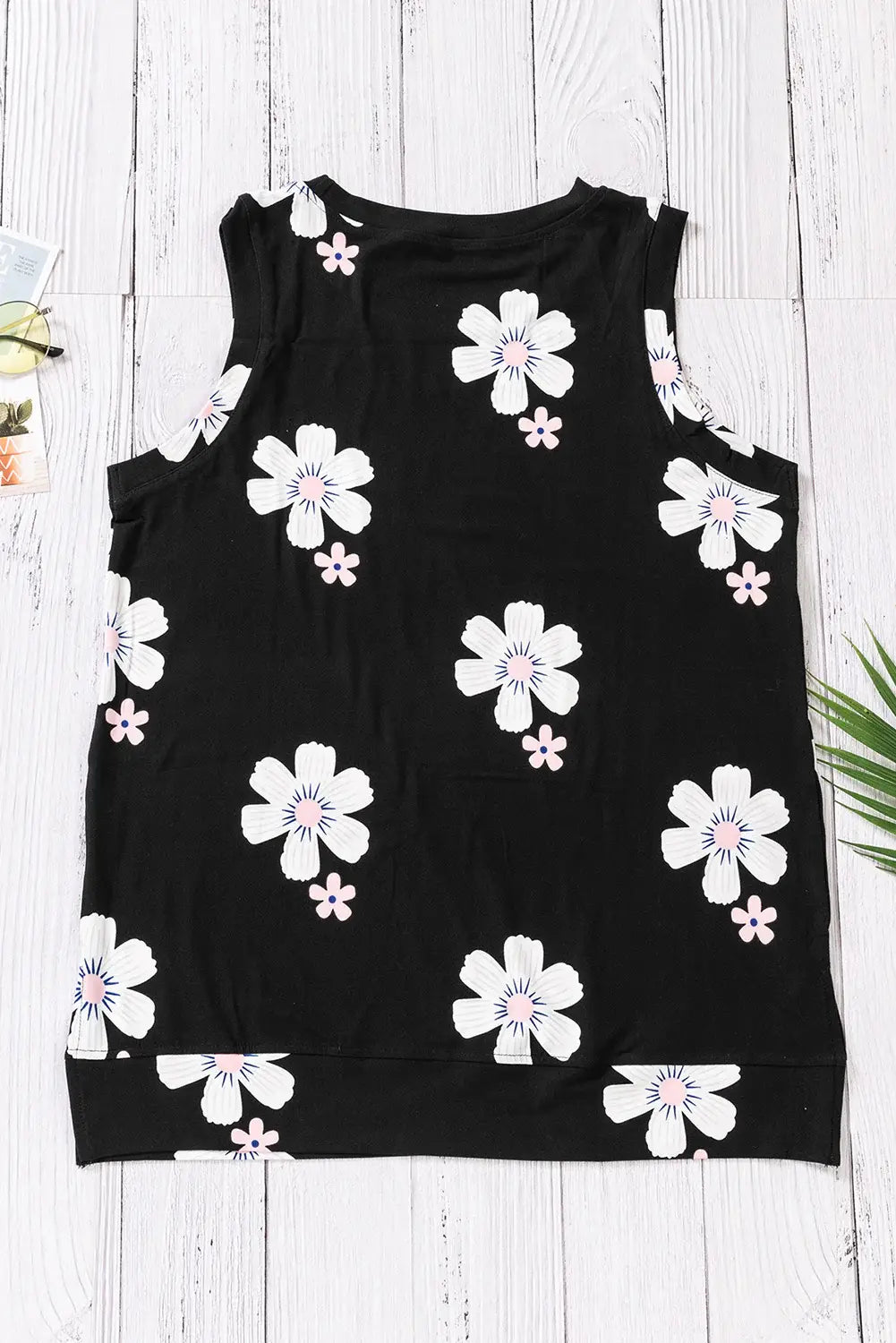 Printed Side Slit Round Neck Tank - Trendsi - Flyclothing LLC
