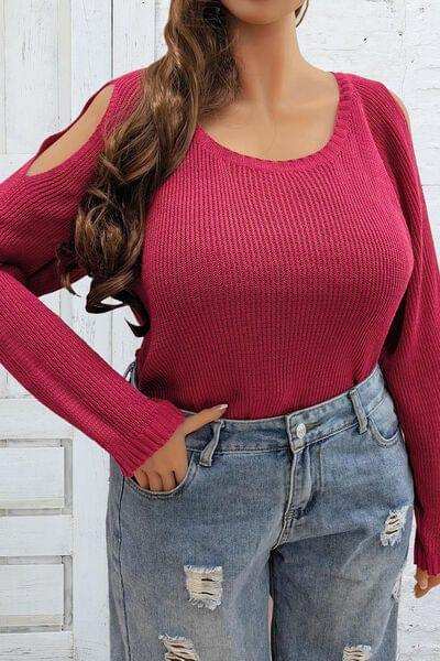 Plus Size Cold Shoulder Round Neck Sweater - Trendsi - Flyclothing LLC