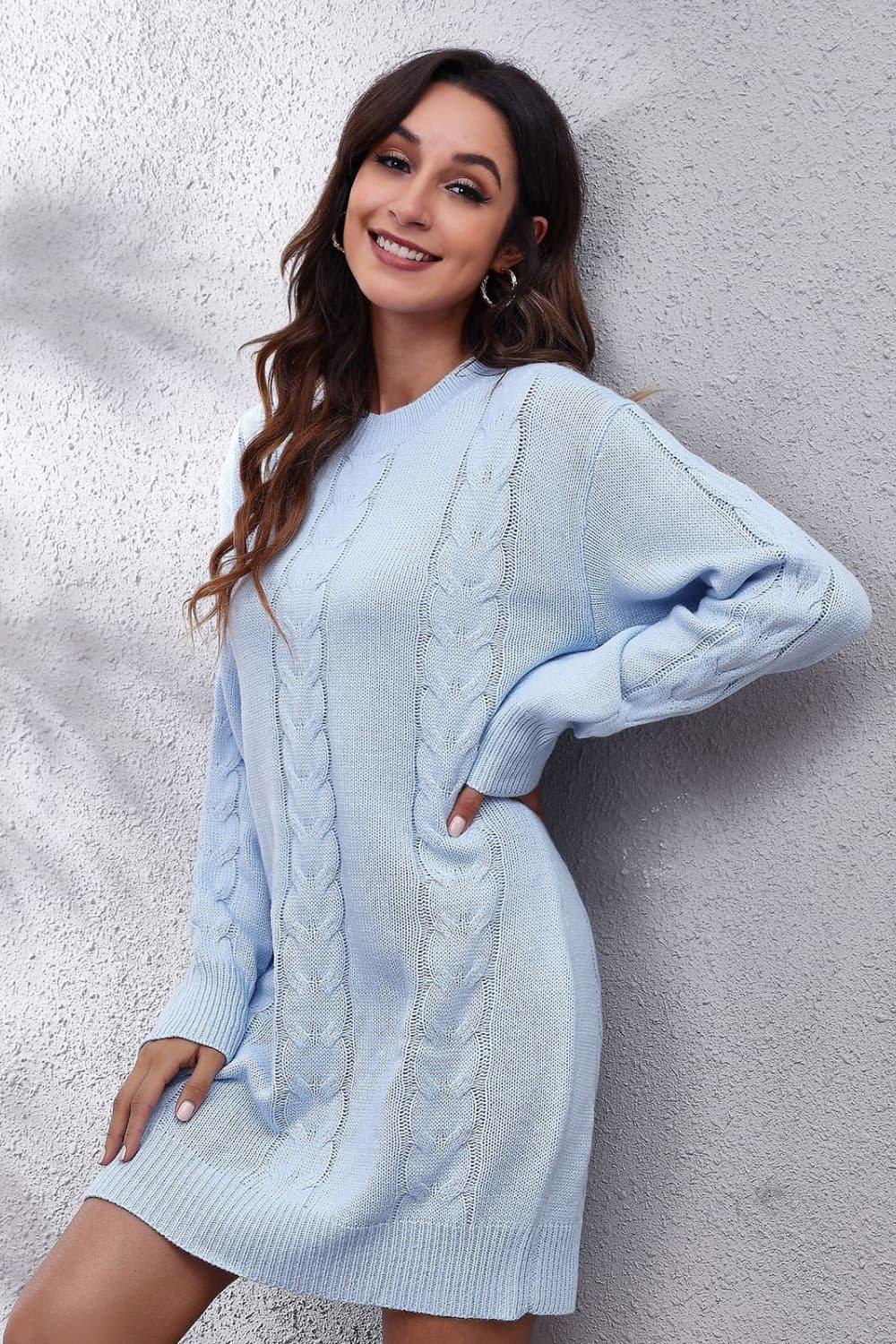 Cable-Knit Round Neck Sweater Dress - Trendsi