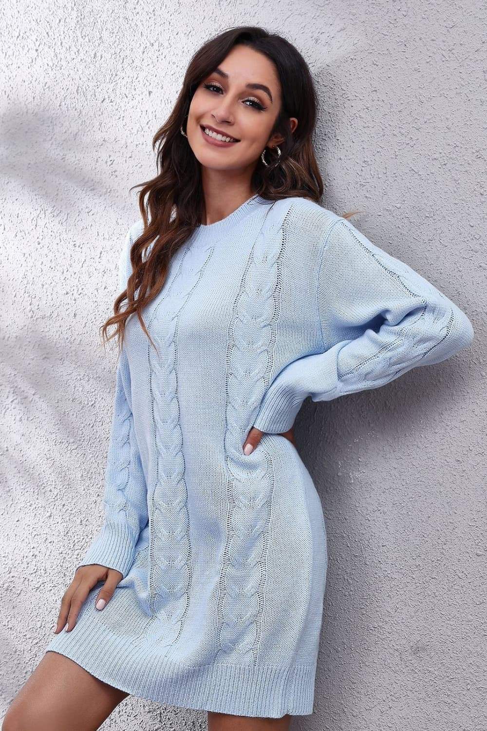 Cable-Knit Round Neck Sweater Dress - Trendsi - Flyclothing LLC