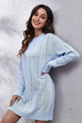 Cable-Knit Round Neck Sweater Dress - Trendsi