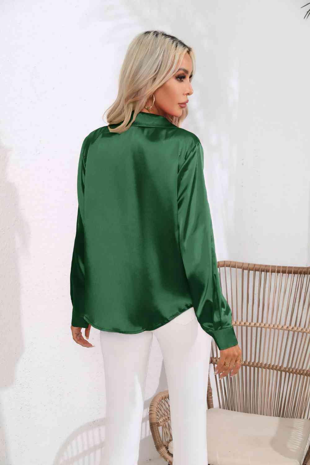 Lapel Collar Button Up Long Sleeve Shirt - Trendsi